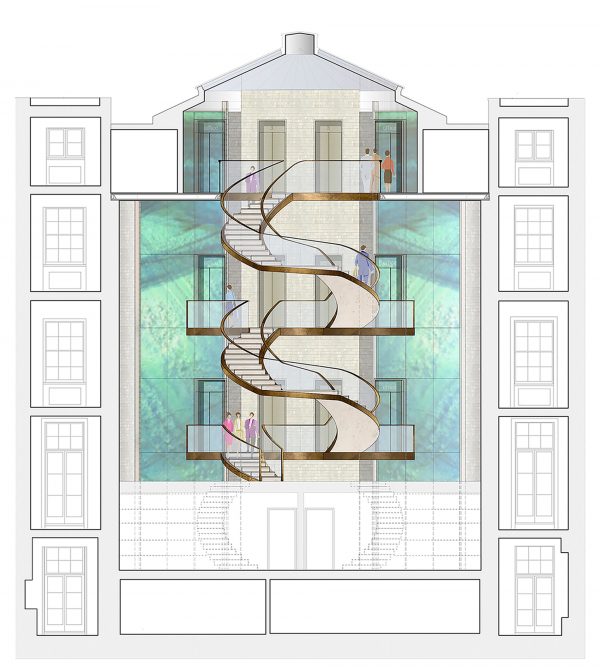 Internal view of the drum which comprises a newly proposed circulation core with feature stair & lift, together with feature glass to emulate the original Diorama