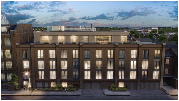 Exterior CGI render of a three bed luxury penthouse apartment in west London, showing the expanse of the wrap-around veranda and roof terrace space