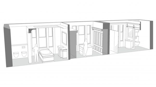 Floor section cut of his & her bathrooms and dressing room