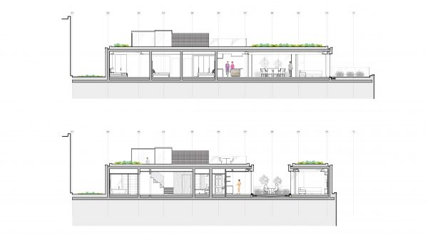 Architecture line drawing showing two sections cuts through a penthouse apartment, highlighting room layouts, roof terrace access and space planning