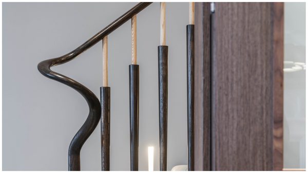 Solid timber handrail, volute spindle, sculpted volute spindle, two-tone spindles, two-tone timber spindles
