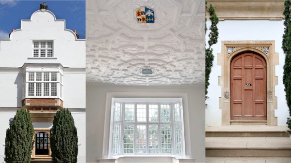 Jacopean façade and roofline, bay window room with ornate relief ceiling with coat of arms, main entrance with restored masonary and solid oak door