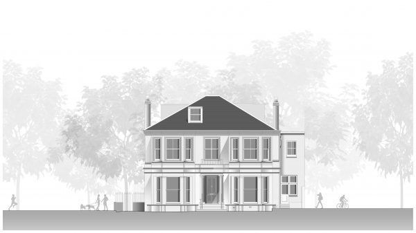 Architecture line drawing showing a detached two storey double fronted villa in Notting Hill built in Italian style, with the first floor level bay rebuilt