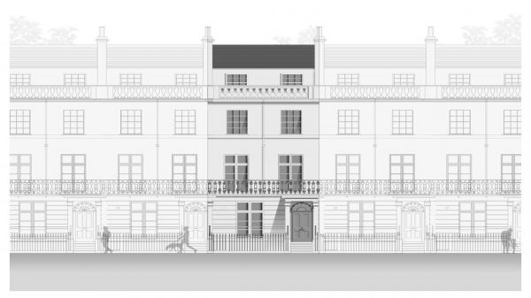 Three storey Grade 2 Listed property with projecting porches, lotus caps to piers and inset round headed doorway. Cast iron balcony to first floor windows.