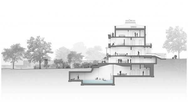 Section cut drawing through a five storey property, showing living, sleeping, kitchen and leisure spaces within, with proposed basement extension
