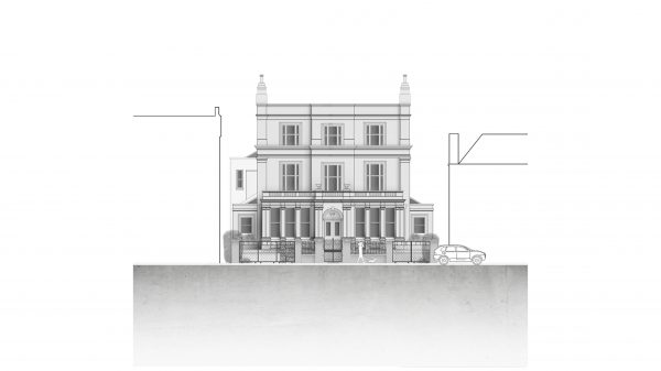 Street view and front elevation of a detached 19th century neo-Georgian house