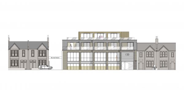 Elevational study, showing the rhythm of the proposed mixed-use development, comprising a brick façade and careful accentuating details