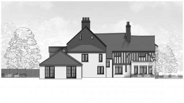 Drawing of rear elevation of a Grade 2 residential property with half-timbered original building and new part single, part two storey side & rear extension
