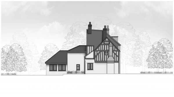 West elevation drawing of a Pre-Elizabethan, half-timbered detached property, Tudor style chimneys, showing the new single and double storey rear extensions