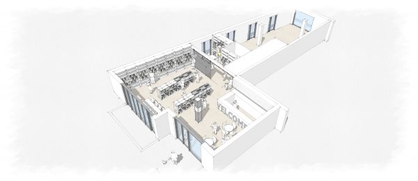 Birds eye view of the library layout, showing the main library space, café & welcome area, kids zone and community room to the rear